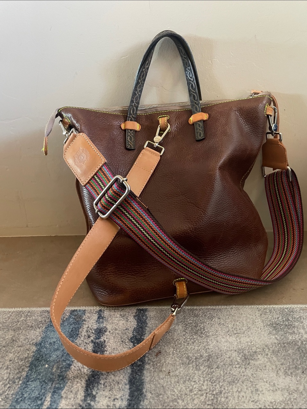 Consuela Isabel sling Brown Leather Shoulder Bag with Multicolor Striped Strap